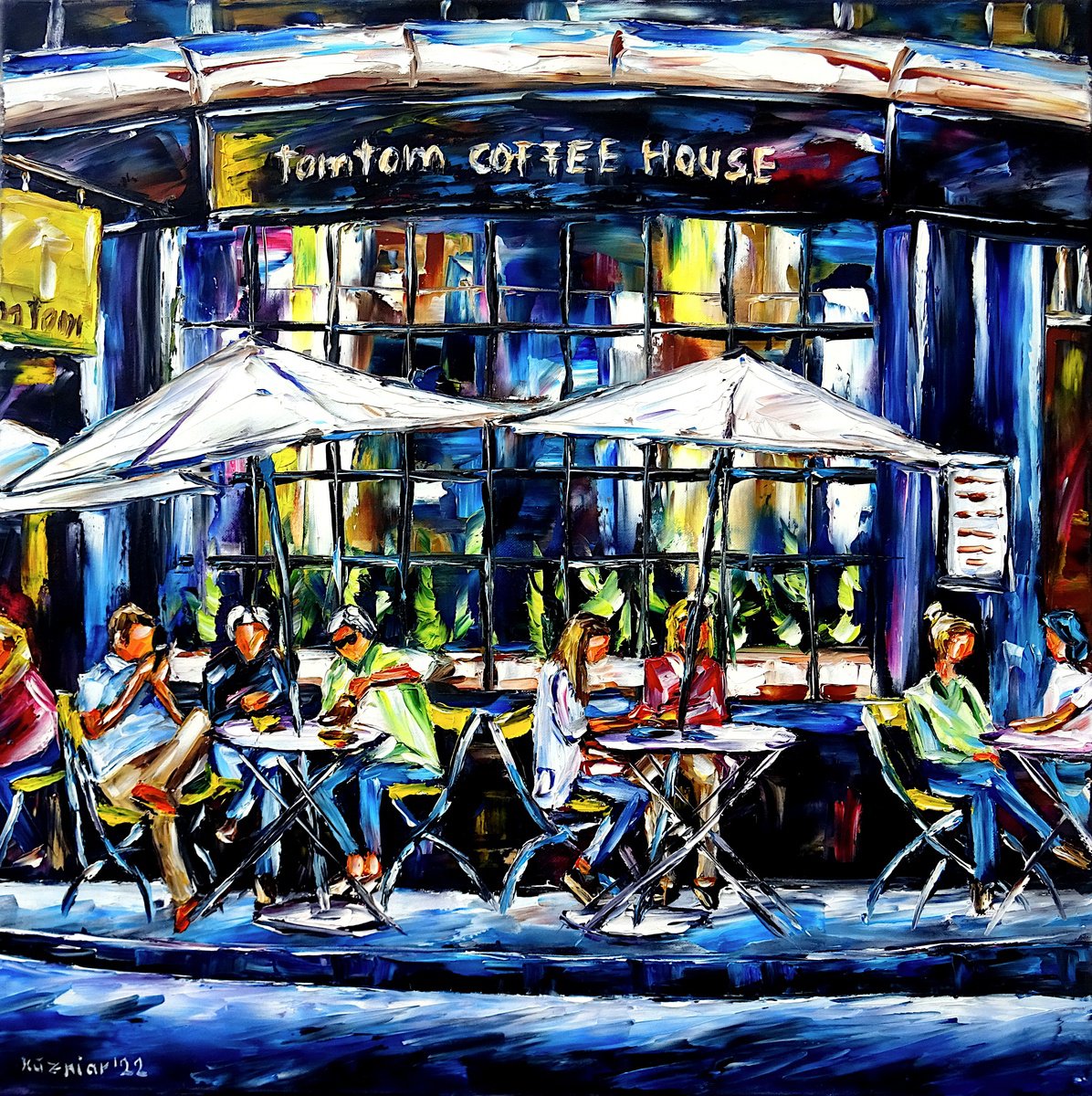 Expressive Cityscapes Oil Painting By Mirek Kuzniar, 20 X 20", Tomtom Coffee House, London, Original Artwork