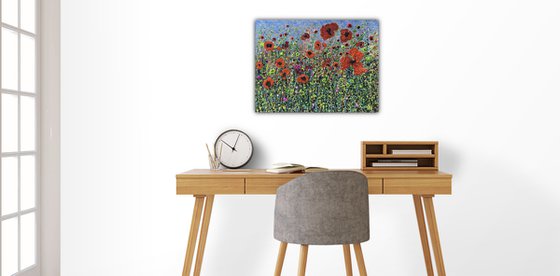 Meadow-Poppies - Modern Abstract Splattered, Textured - Original painting 24" X 18" X 0.5"