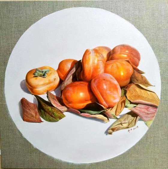 Still life:Persimmon and leaves