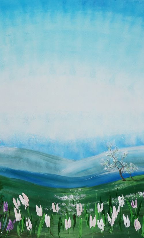 spring landscape B048 Sakura cherry blossom tree Tulips Large painting 110x160 cm unstretched canvas art green blue sky by Ksavera