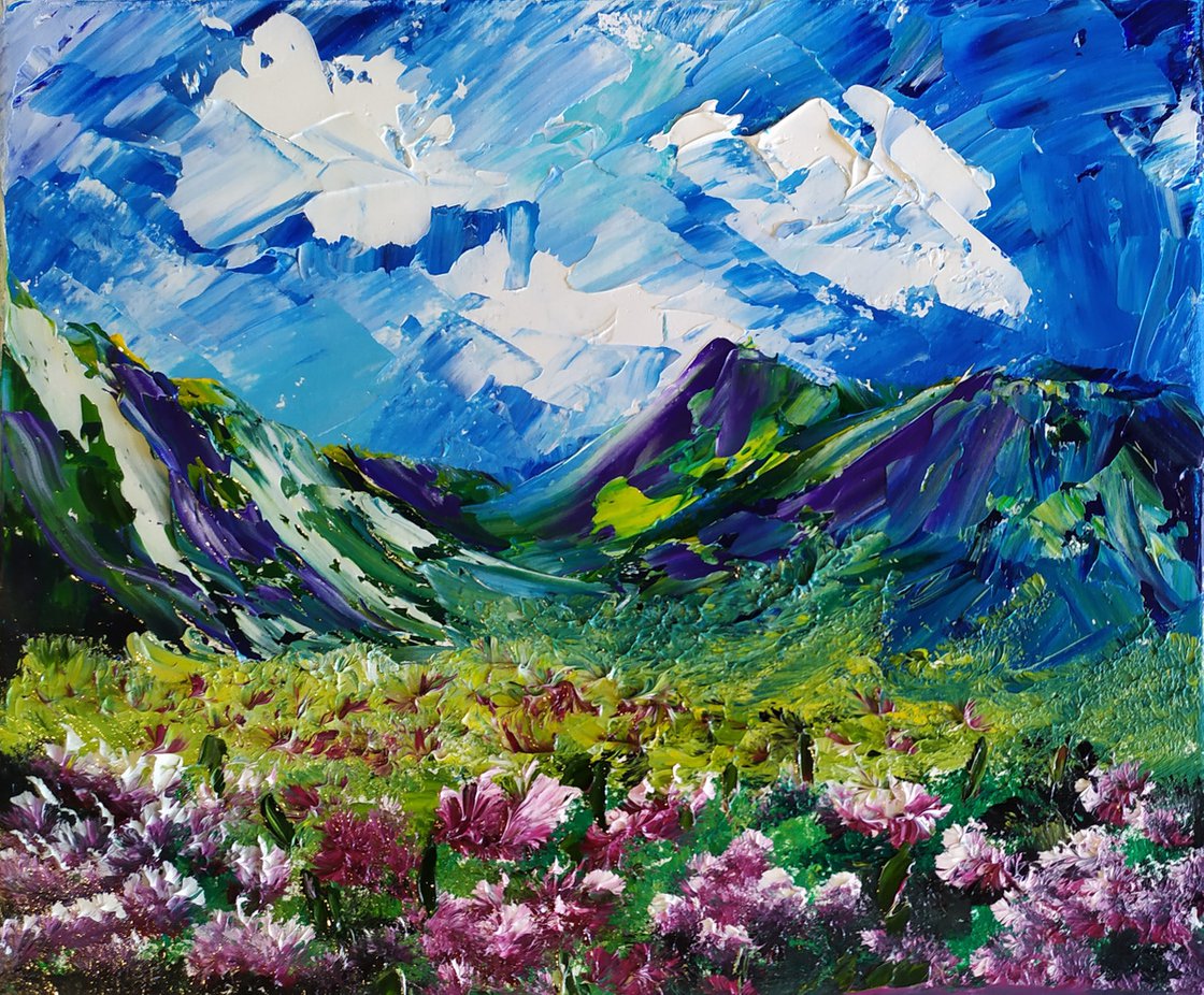 Oil pastel landscape (flowers, trees and mountain), Ydnacydnam