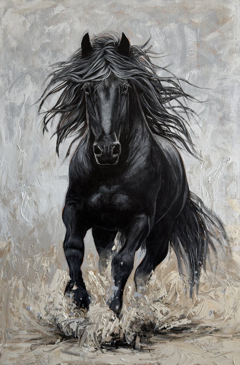 Photorealistic Animal Acrylic Painting By Elena Adele Dmitrenko, 24 X 35, Black Horse, Original Artwork