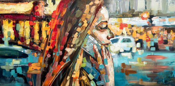 Night Reflections - city scene painting, night lights, colorful oil painting