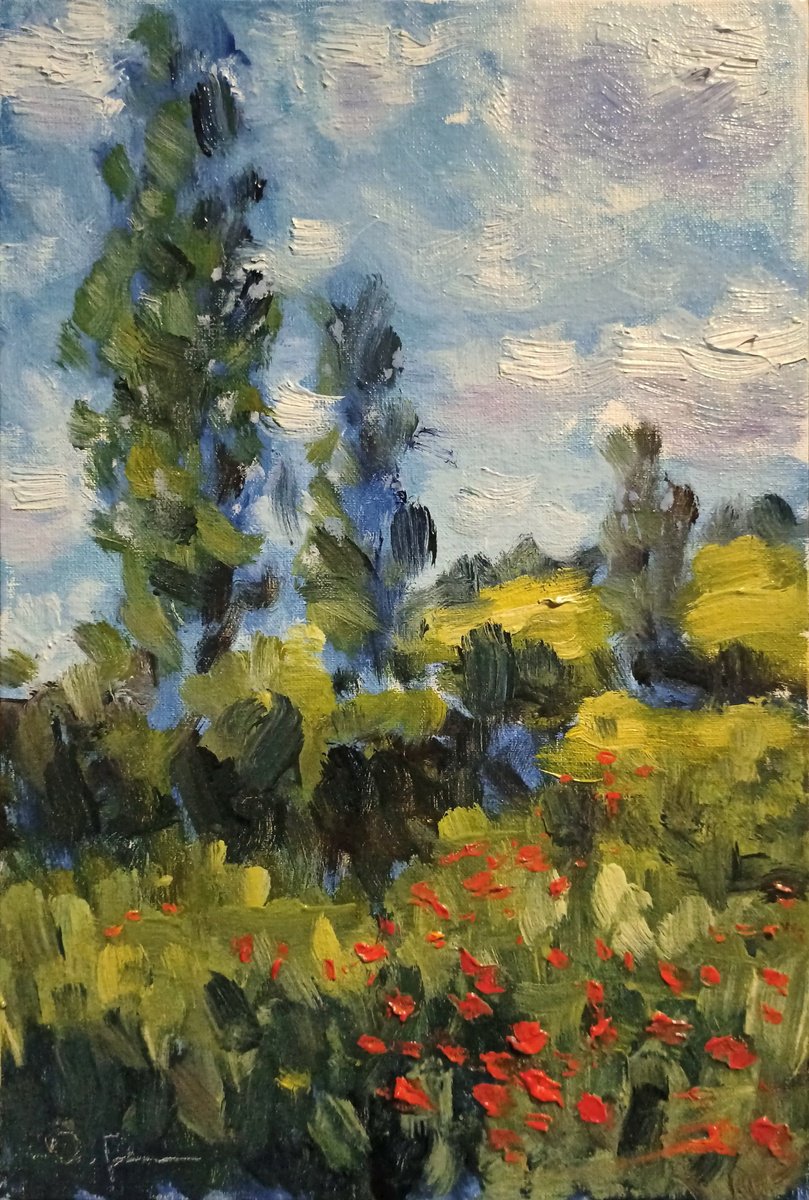 Impressionistic Landscape Oil Painting By Oleh Rak, 8 X 12", Poplars, Original Artwork