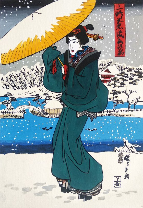 Young woman with umbrella and snow landscape