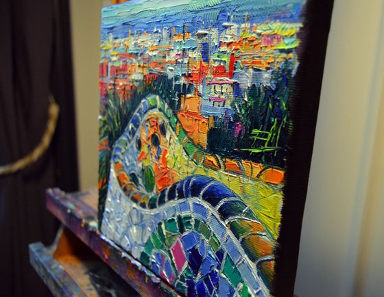 COLORFUL MOSAIC PARK GUELL BARCELONA Impressionism Textural Stylized Cityscape