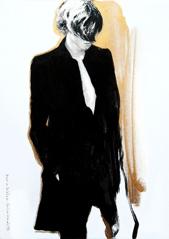 Golden Boy #1 /Fashion illustration/ sketch / Realistic Pencil Mixed media modern Drawing/ Gold Black White