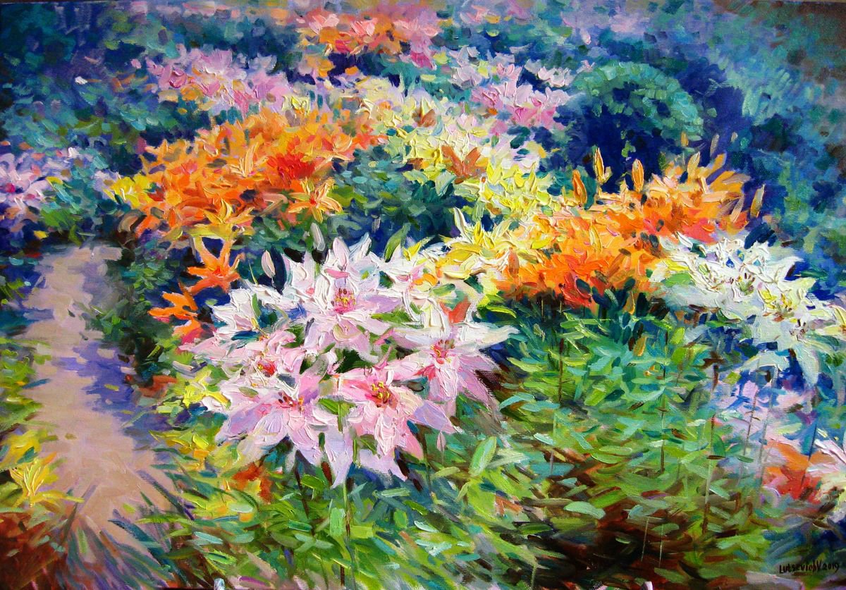 Impressionistic Botanical Oil Painting By Vladimir Lutsevich, 24 X 16", Flower Garden, Original Artwork