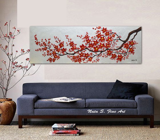 Original Red Cherry Blossom Painting, Abstract Blossom Tree Art, Impasto Floral Art