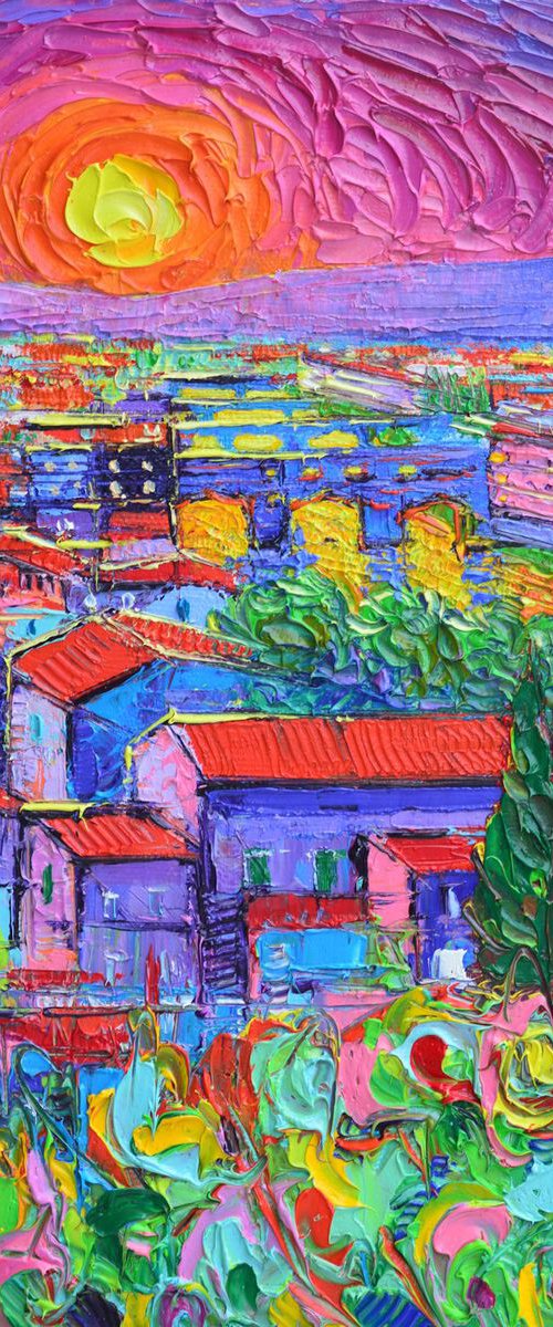 Sunset in Florence over Ponte Vecchio textural impressionism abstract cityscape impasto palette knife oil painting stylized cities by Ana Maria Edulescu by ANA MARIA EDULESCU