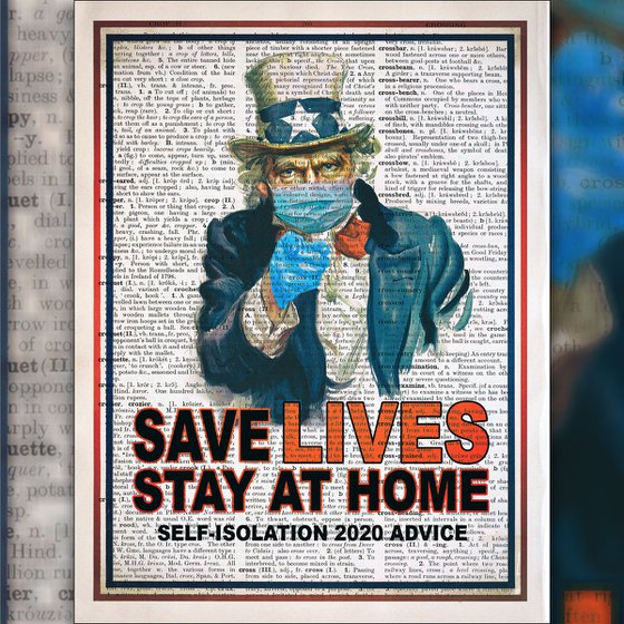 Save Lives, Stay at Home - Collage Art Print on Large Real English Dictionary Vintage Book Page