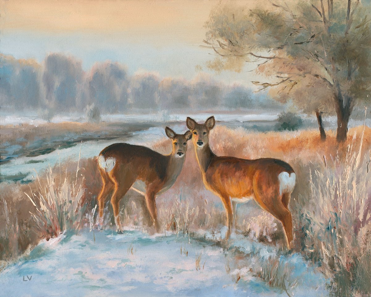 Photorealistic Oil Painting , Snowy Landscape With Deer By Lucia Verdejo, 11 X 9, Artwork For Sale On Artfinder