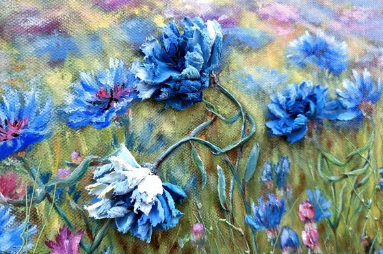 Oil painting and relief landscape with Blue cornflowers on a summer meadow are a touching dance of flowers. Dance with me. 30x25x4cm