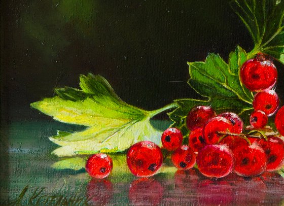 "Red currant branch"  still life summer red currant liGHt original painting  GIFT (2019)