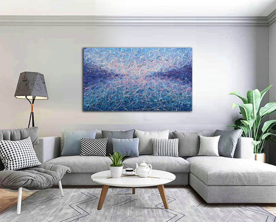 Foggy morning abstraction Blue sky Sea abstract painting - ROLLED - 38" X 65" / 95 X 165 cm. Large painting Pollock style