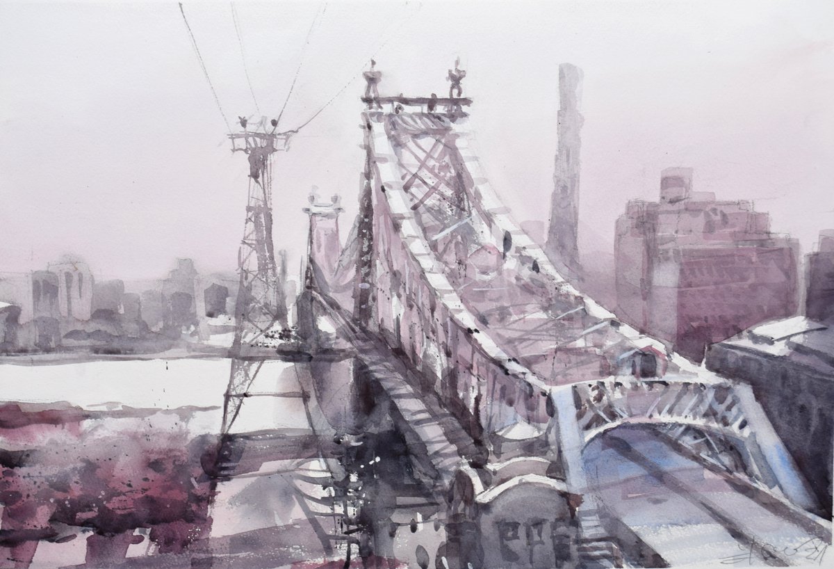 Cityscapes Watercolour By Goran Zigolic Watercolors, 22 X 15, Queensboro Bridge , New York City, Original Artwork