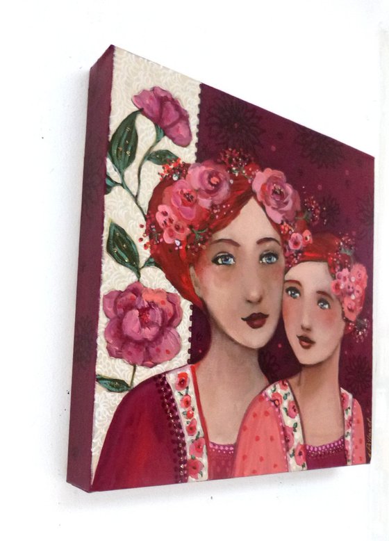 "Tender Expectations". Portrait of two sisters 30 x30 cm
