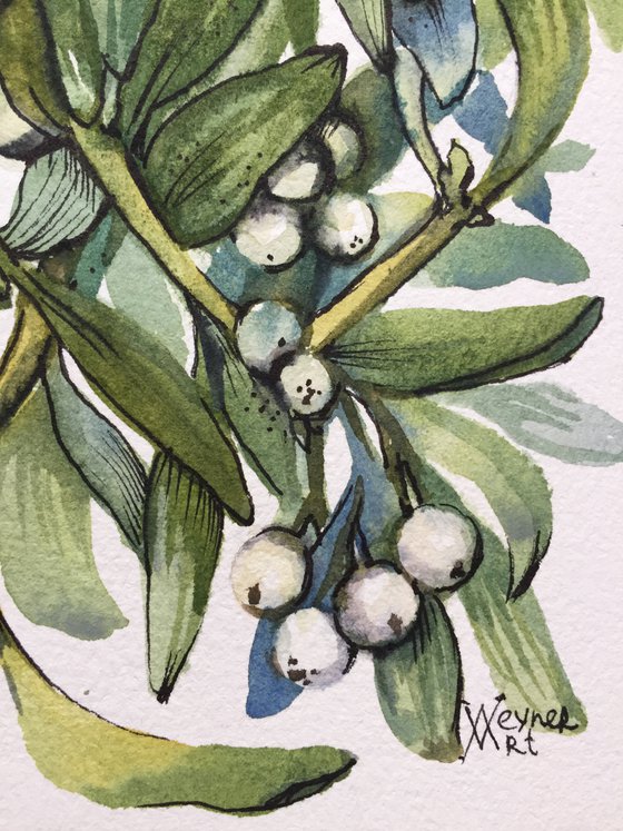 Mistletoe. Christmas decor. Christmas painting.