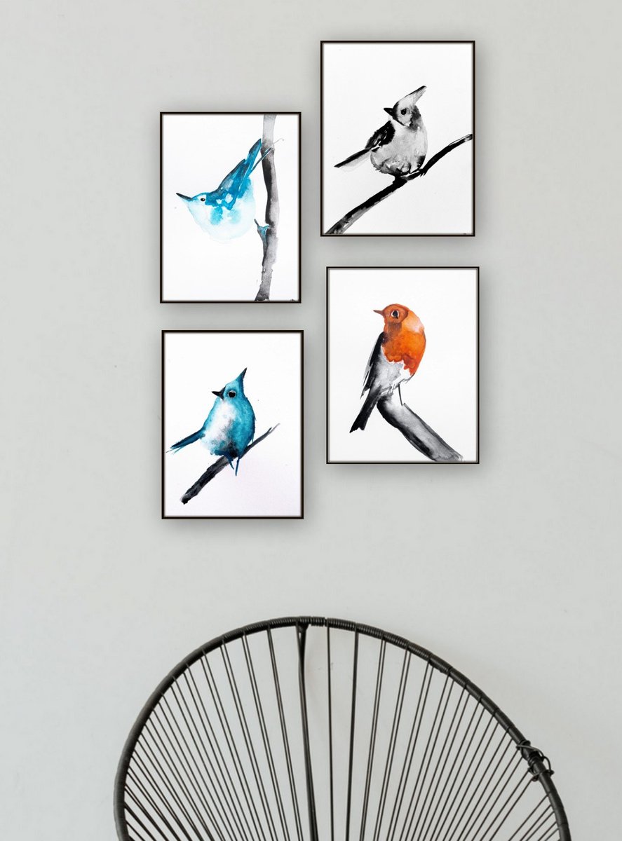 Set of 4 Bird paintings. by Nadia Moniatis