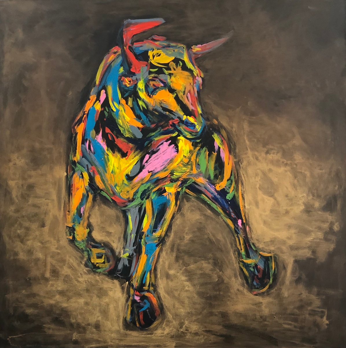 Expressive Animal Acrylic Painting By Nicole Leidenfrost, 39 X 39", Wallstreet Bull /Borsenstier, Original Artwork