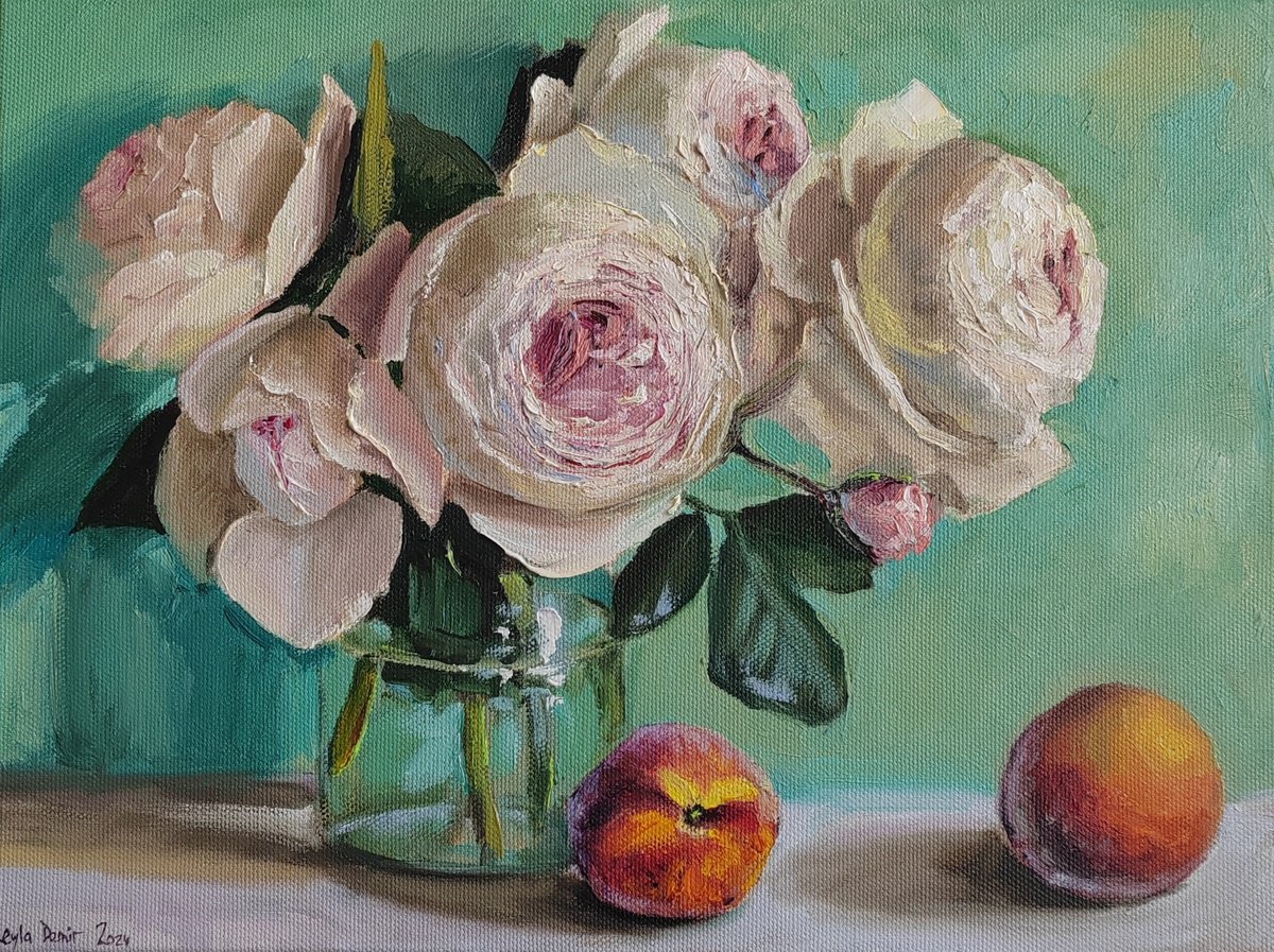 White Roses whith peach original canvas oil painting flower Still Life ...