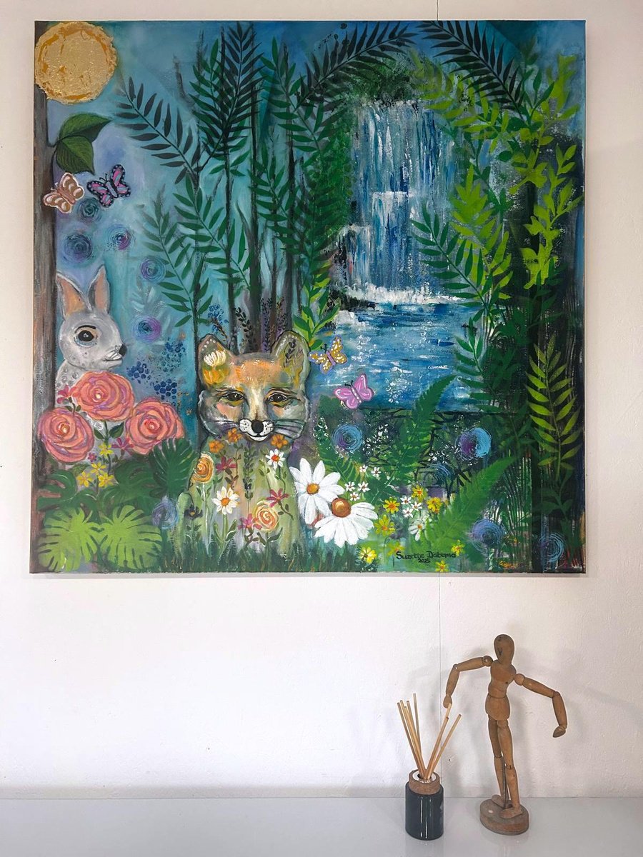 Naive Animal Painting By Suzette Datema, 39 X 39", The Secret Garden, Original Artwork