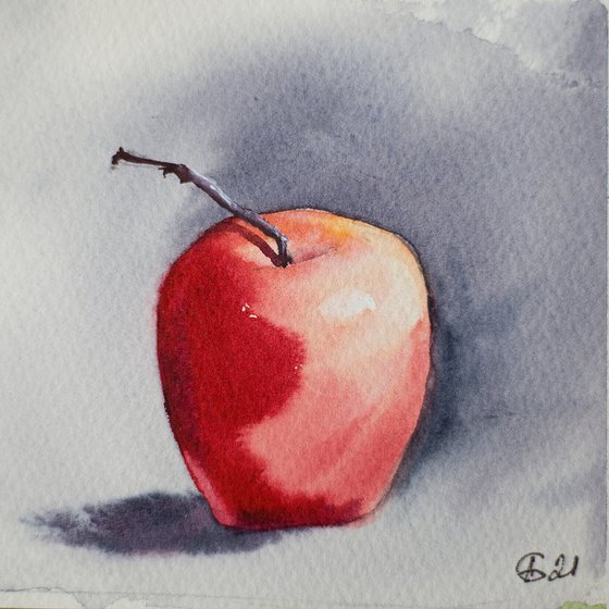 Red apple on grey. Home isolation series. Original watercolor painting. Small still life fruits interior decor gift spain shadow original impression
