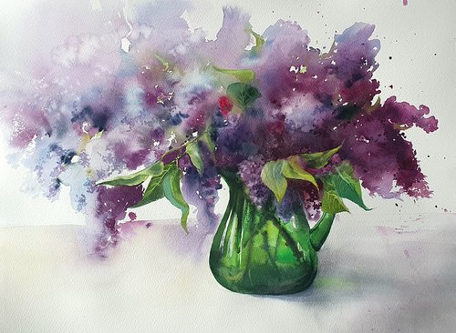 Spring bouquet: lilacs in green jug by Natasha Sokolnikova