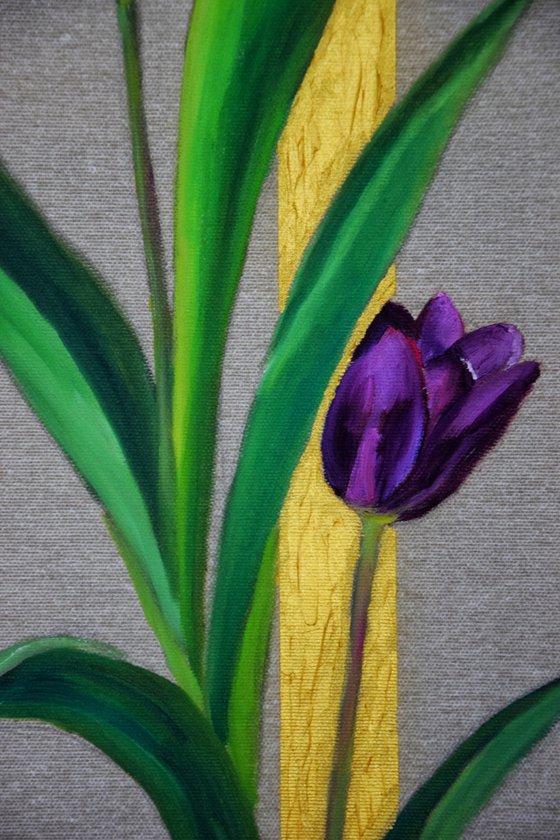 Flowers Tulips original OIL PAINTING on canvas, golden vertical artwork, art nouveau