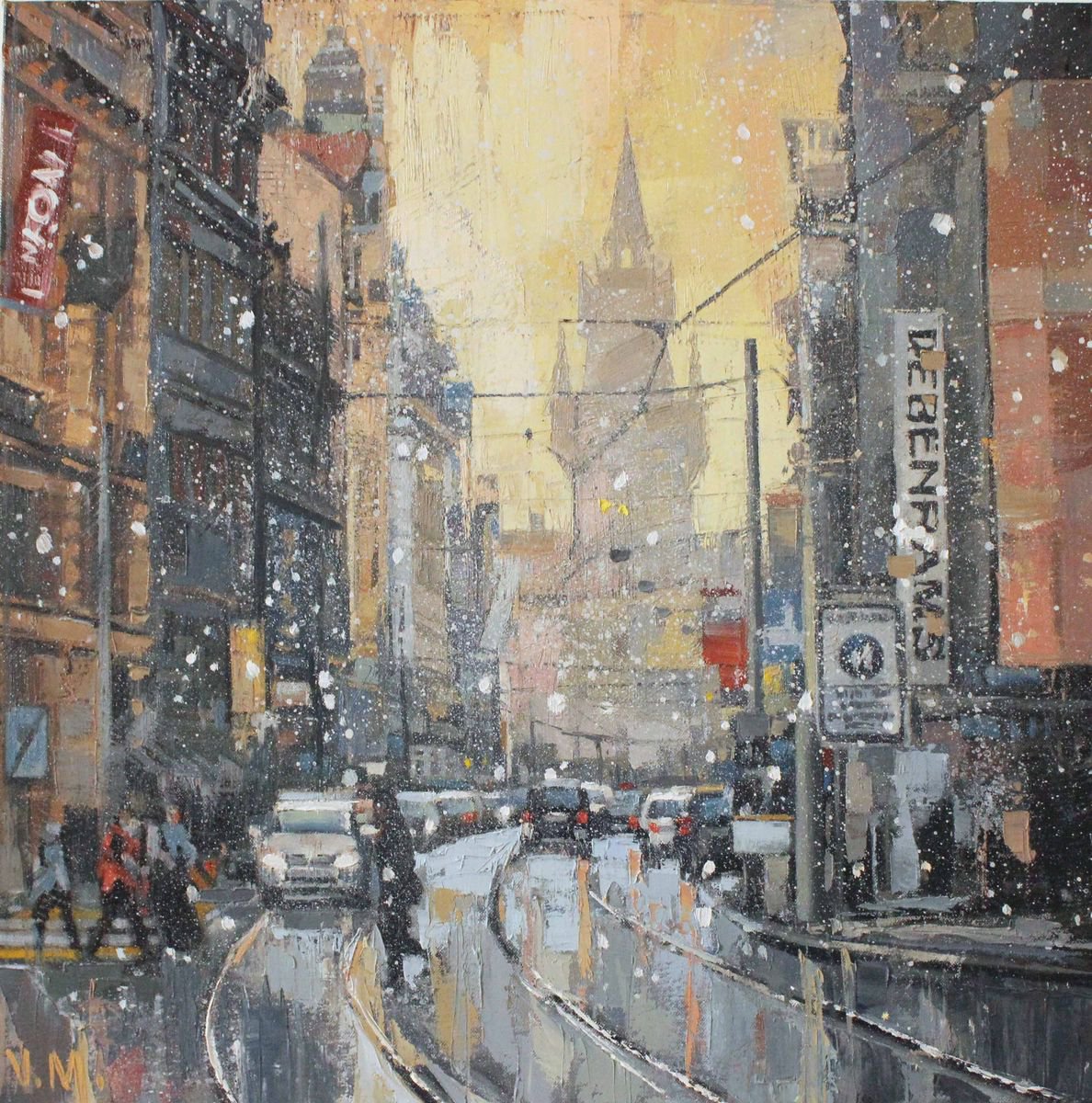 Impressionistic Cityscapes Oil Painting By Volodymyr Melnychuk, 24 X 24", Bad Weather, Original Artwork