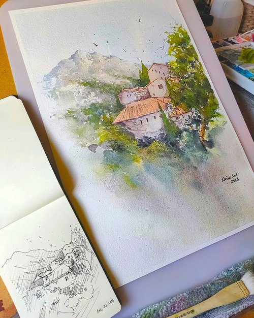 Brela, Croatia | Original Watercolor painting (2023)  | Original Hand-painted Art Small Artist | Mediterranean Europe Impressionistic by Larisa Carli