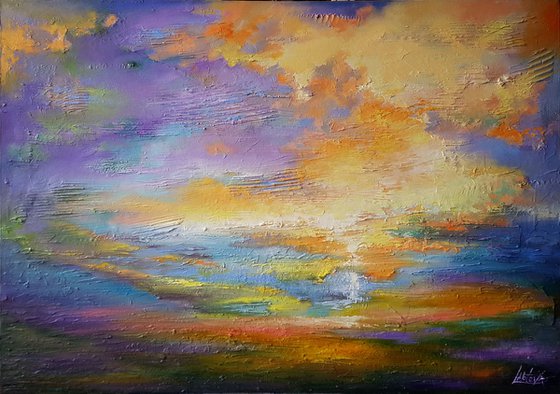 Abstract landscape Moment before sunset, mixmedia, oil, acrylic, canvas