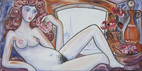 Portrait of nude girl with still life in Paris painting 50x100x2 cm decor original art F093 acrylic on stretched canvas wall art