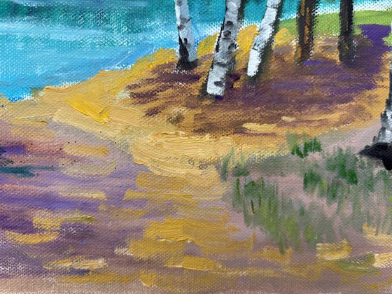 Birches by the lake. Pleinair