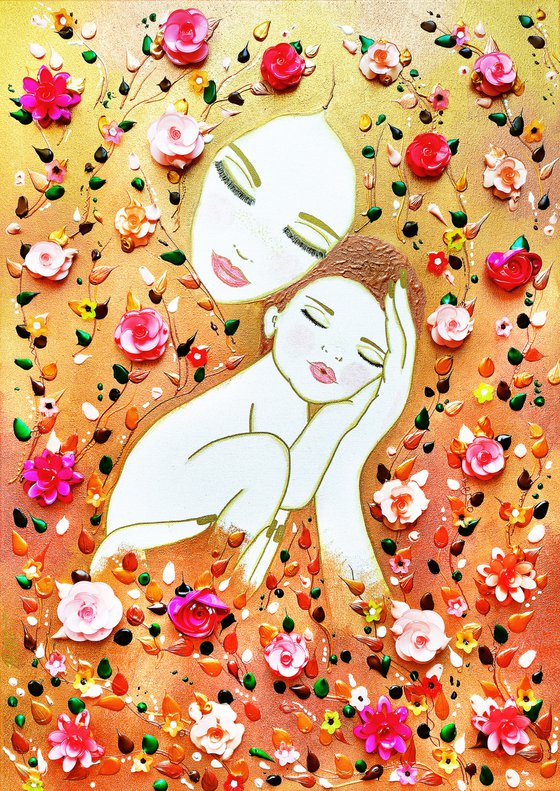 Mother Earth and baby. Summer floral woman with pink flowers