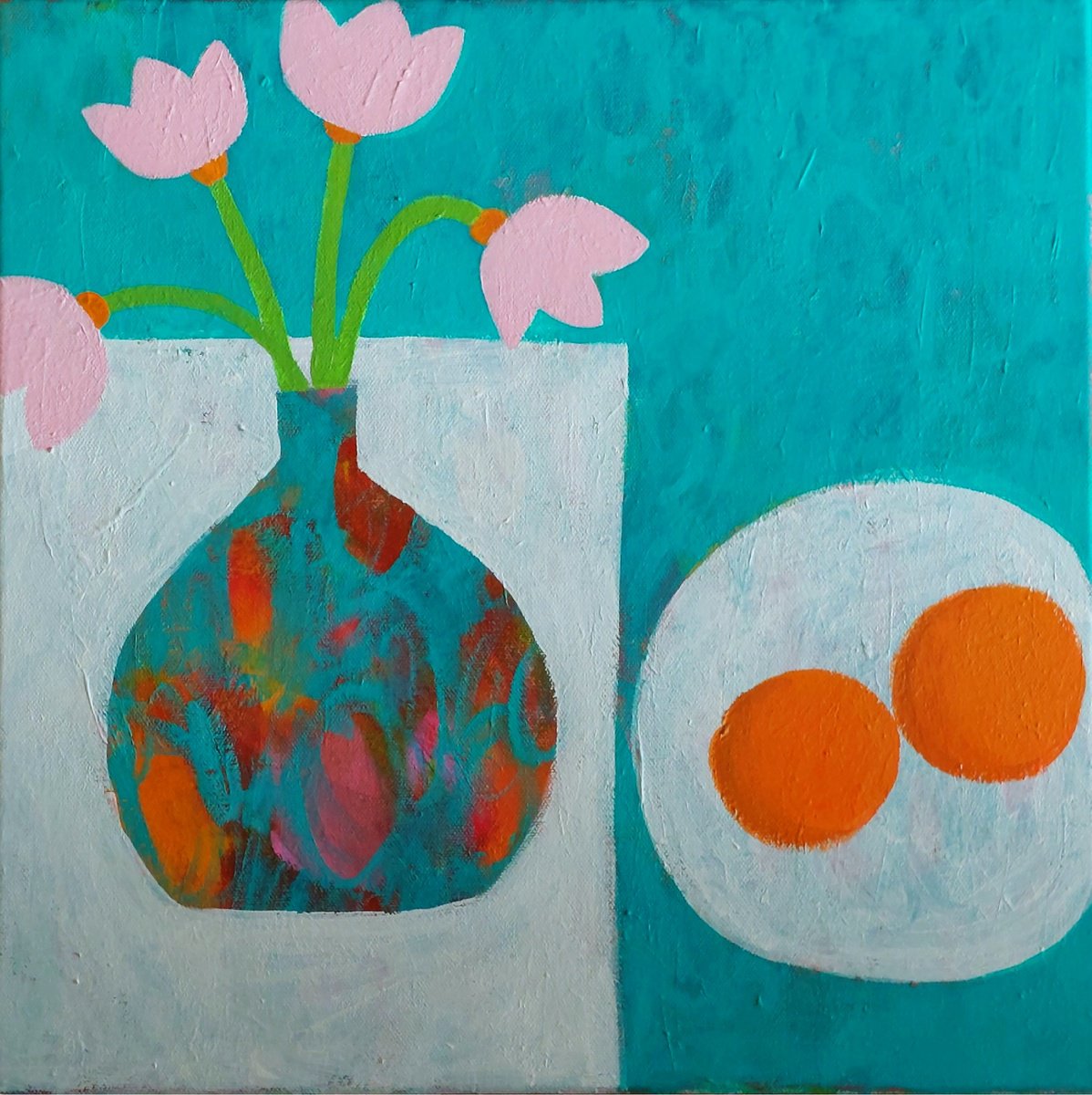 Naive Still Life Acrylic Painting By Jan Rippingham, 16 X 16, Four Pink Tulips Iii, Original Artwork