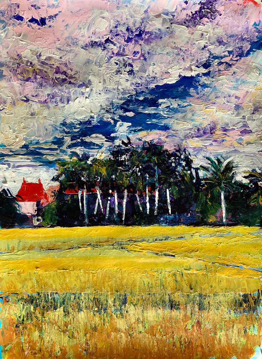 Impressionistic Landscape Acrylic Painting By John Cottee, 22 X 30, Temple And Trees, Original Artwork