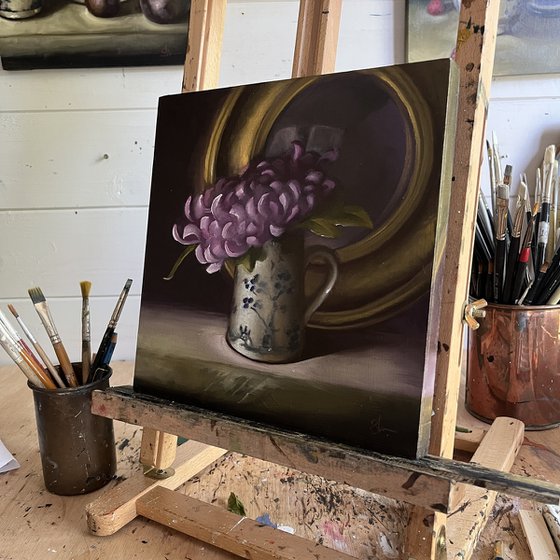 Chrysanthemum and china jug