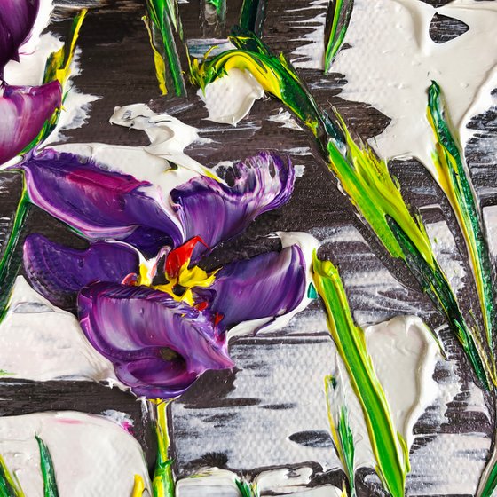 LILIES IN THE SNOW - Spring. Lilies. Snow. Abstract flowers. Melt. Bloom. Purple. Sprouts.