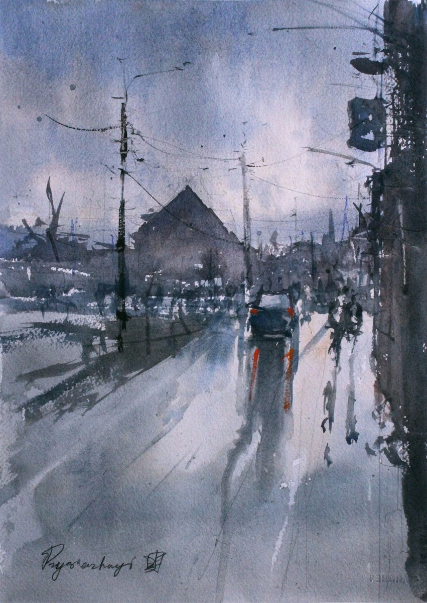 Impressionistic Cityscapes Watercolour By Yurii Prysiazhnyi, 11 X 15", Tralee Rain Streets, Original Artwork