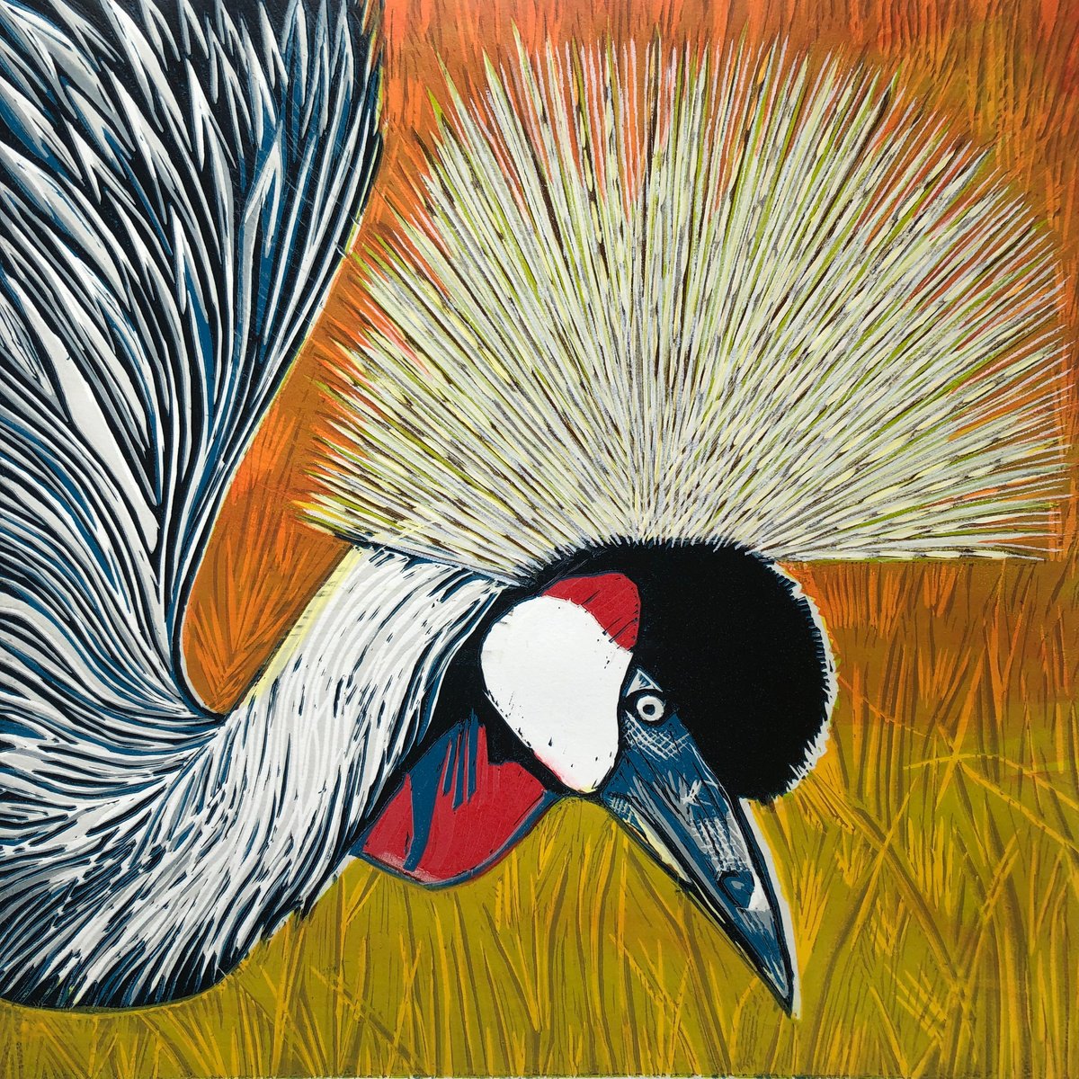 Illustrative Animal Linocut By Marian Carter, 15 X 15", Crowned Crane, Masai Mara, Original Artwork