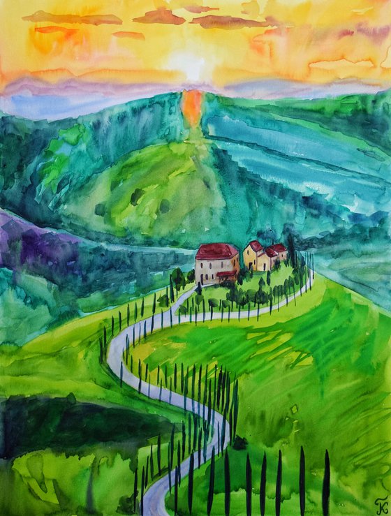 Sunset Landscape Large Painting, Tuscany Italy Original Watercolor Painting