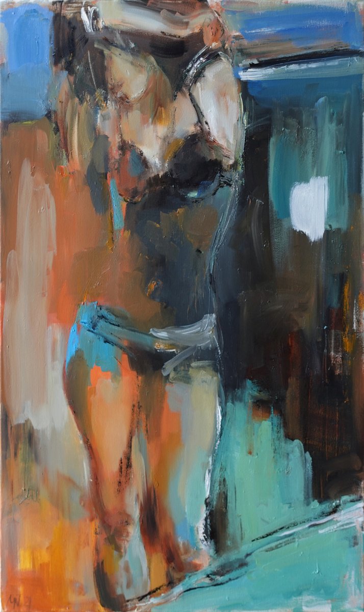 Impressionistic Portrait Oil Painting By Nelina Trubach-Moshnikova, 24 X 39", Dressing Up, Original Artwork