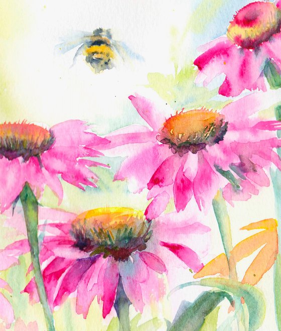 Bees & Echinaceas, Original watercolour painting