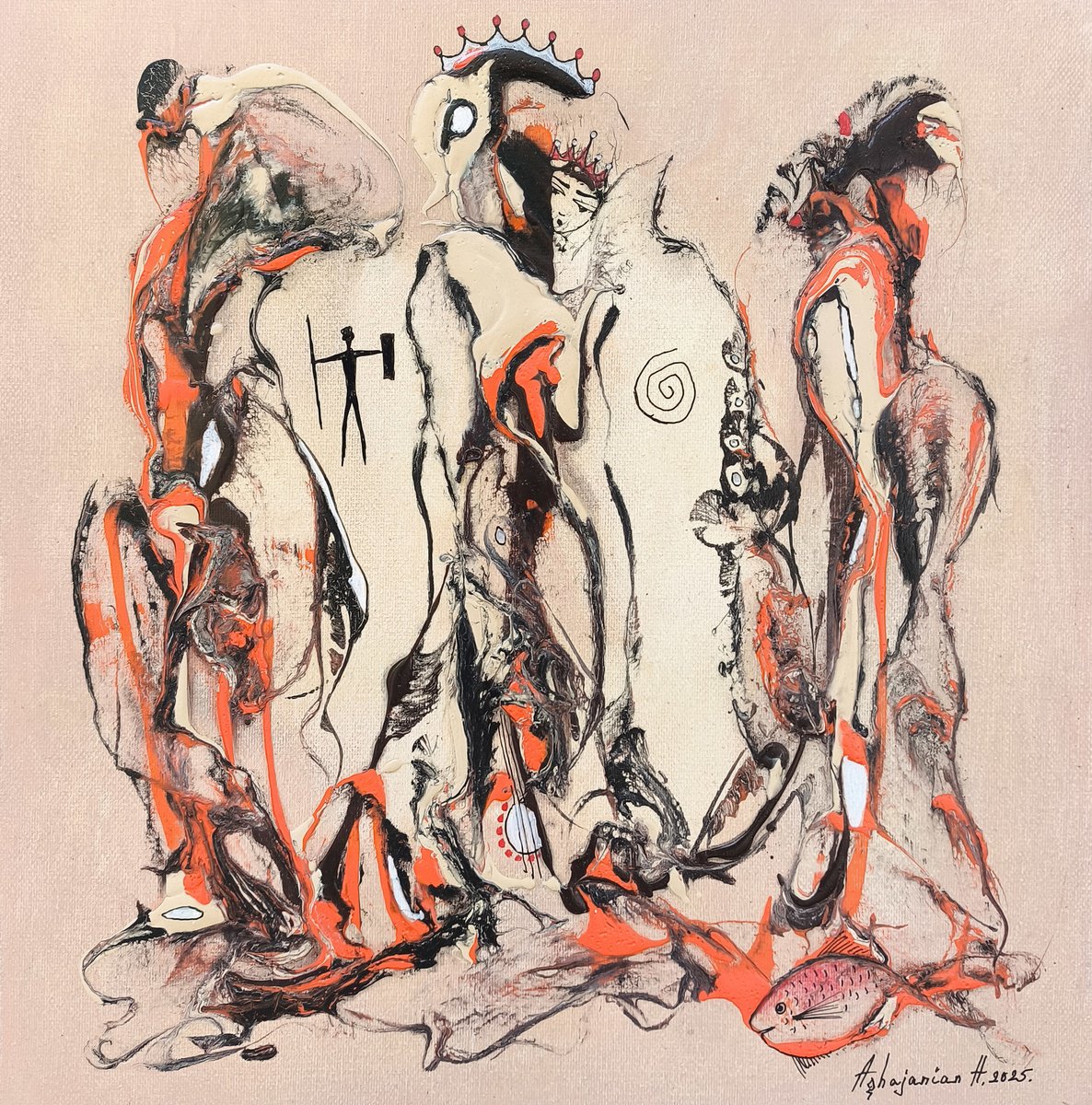 Abstract Portrait Oil Painting By Harutyun Aghajanyan, 16 X 16, Primordial Voices, Original Artwork