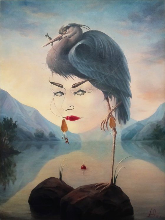 Fisherwoman 60x80cm, oil painting, surrealistic artwork