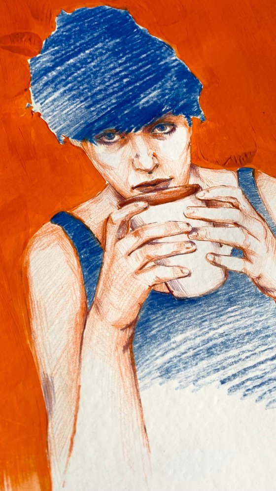 Woman with Cup on Orange Background