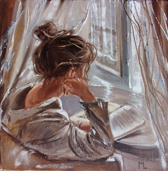 " BOOK LOVER V ... " original painting book reading palette knife GIFT