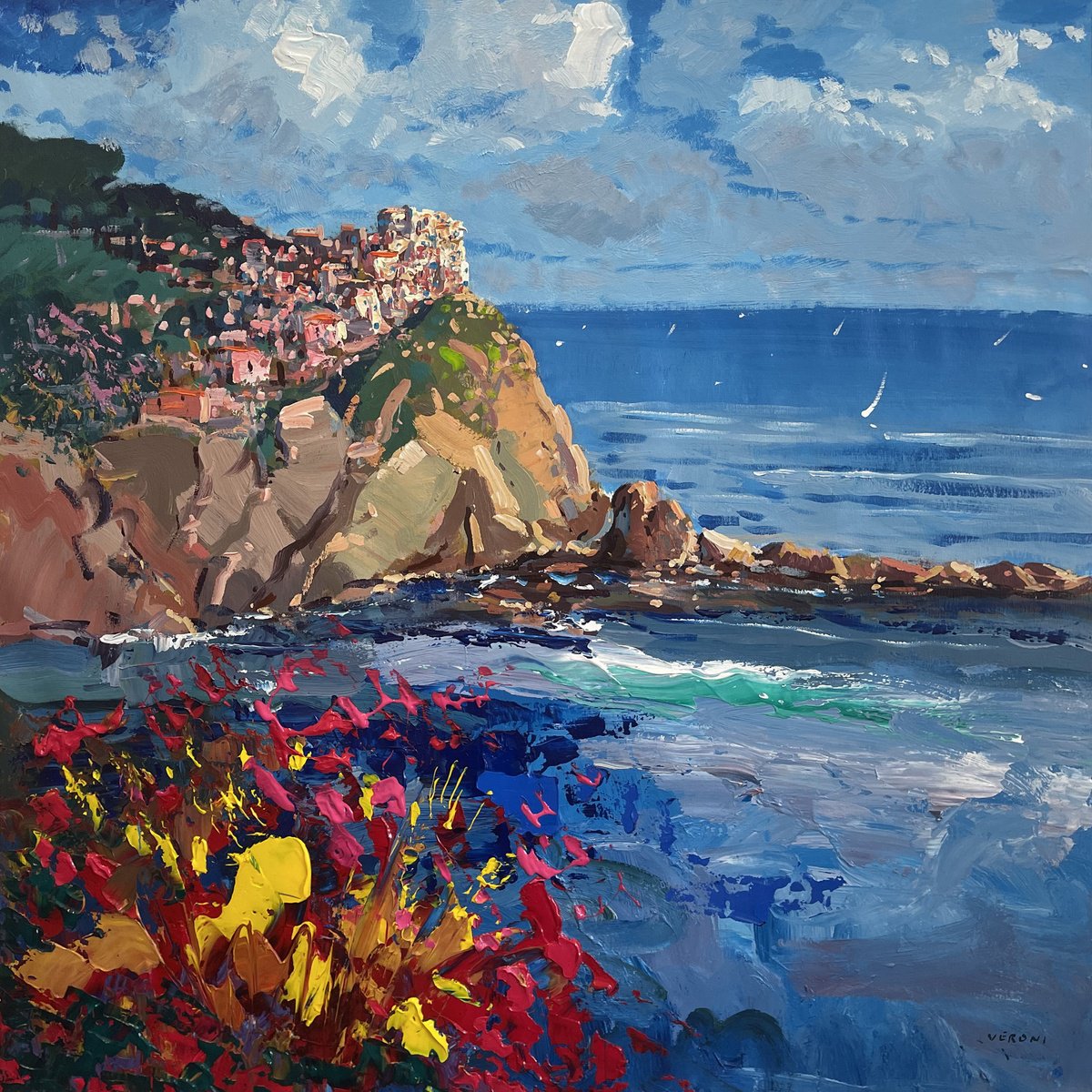 Expressive Landscape Oil Painting By Agostino Veroni, 36 X 36, Manarola - Cinque Terre, Original Artwork