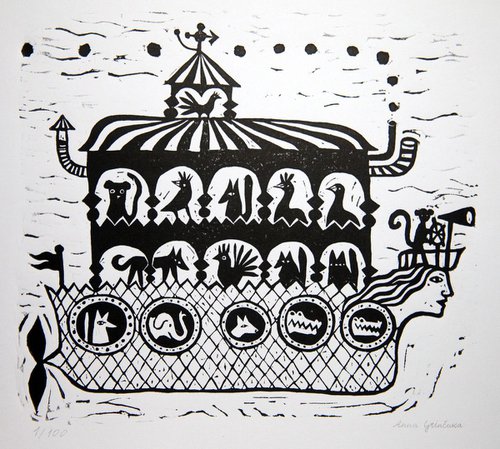 Noah's Ark Linocut Print by Anna Grincuka